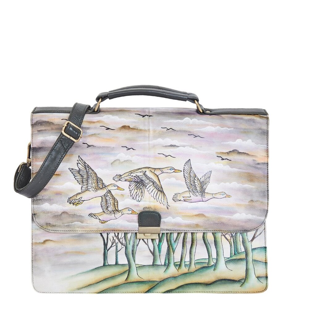 Women Hand-Painted Bird Artwork Leather Briefcase Crossbody Bag – Laptop Bag